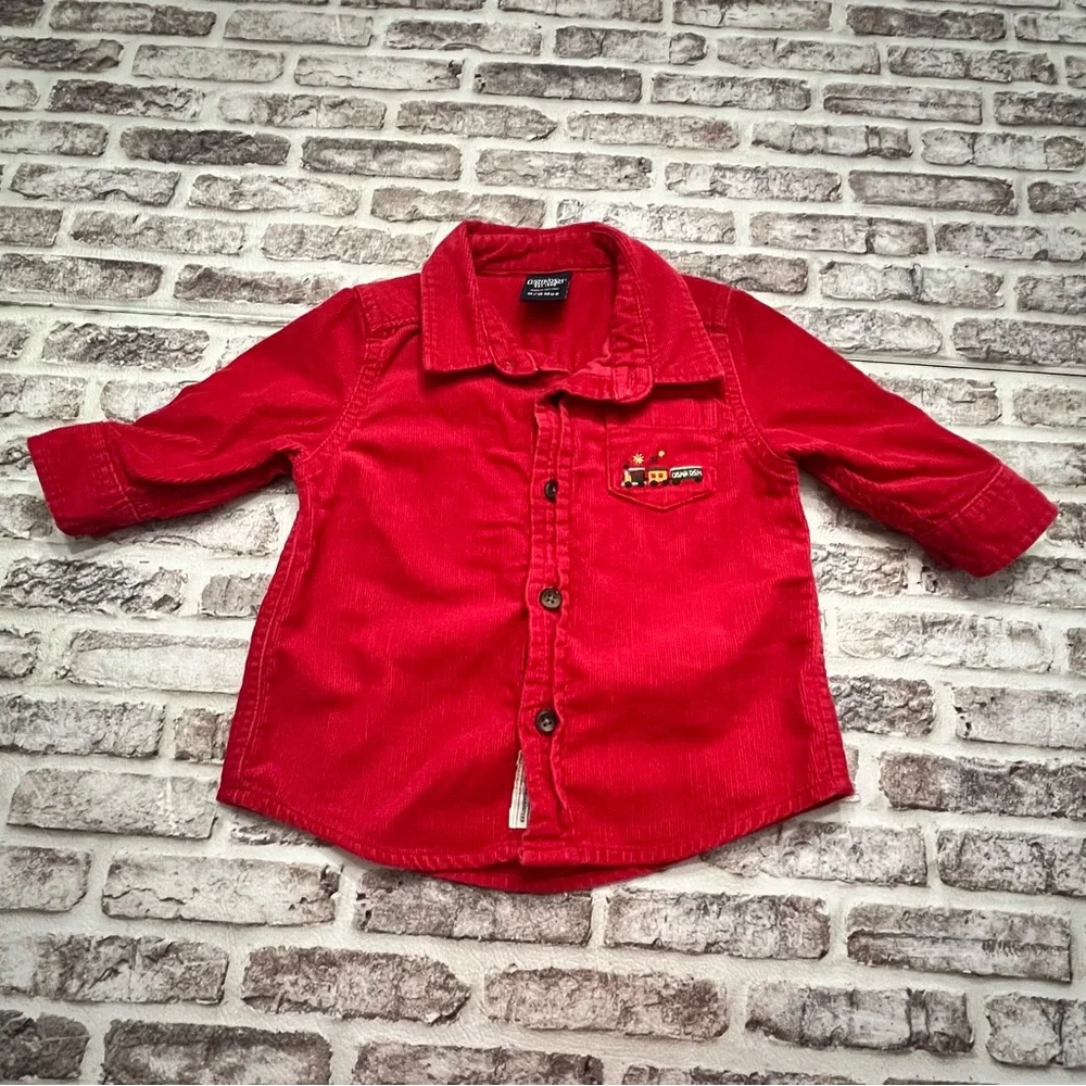 Vintage OshKosh Corduroy Shirt Choo Choo Train‎ Red Holidays Baby 6-9 Months
